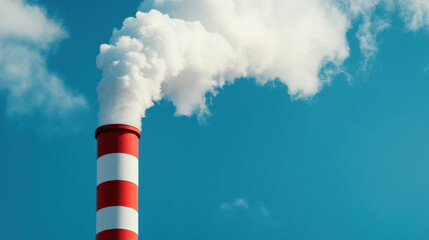 Industrial chimney emitting smoke against clear blue sky, symbolizing pollution and environmental impact