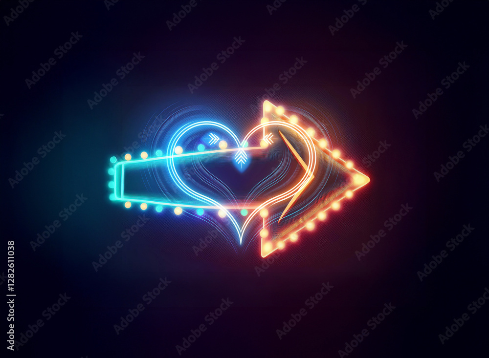 Poster a vibrant neon arrow with a heart shape is illuminated against a dark backdrop, creating a captivati