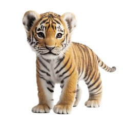 Fototapeta premium A cute tiger cub standing on a white background, looking curious with bright eyes.