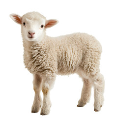 Fototapeta premium A fluffy white lamb standing on a white background, looking directly at the camera.