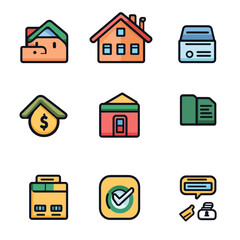 Colorful Houses and Business Icons Vector Illustration Set Graphic Art