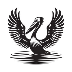 Pelican with its wings half open Silhouette Vector Illustration, Solid White Background.