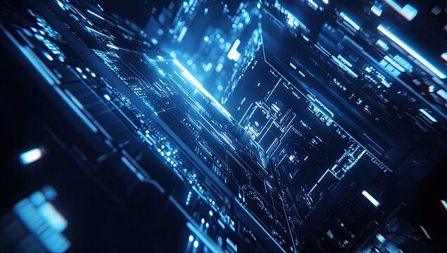 Futuristic blue digital circuit board glowing, abstract tech background, for tech presentations