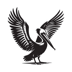 Pelican with its wings half open Silhouette Vector Illustration, Solid White Background.