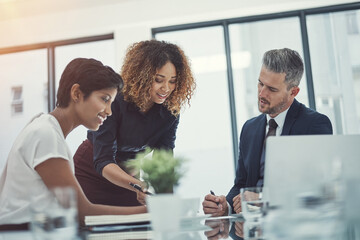 Laptop, proposal or business people brainstorming with leader for feedback, project funding or...
