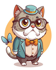 A grumpy-looking elderly tabby cat wearing comically oversized, round spectacles.  Focus on the cat's expression and the contrast with the glasses.