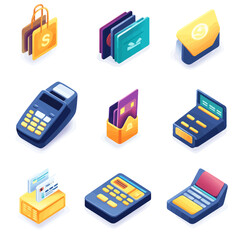 Isometric e-commerce elements: card payment, POS terminal, and shopping bag