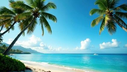 Tall coconut palms sway gently in the Hawaiian breeze above a calm ocean , relaxing, trunk