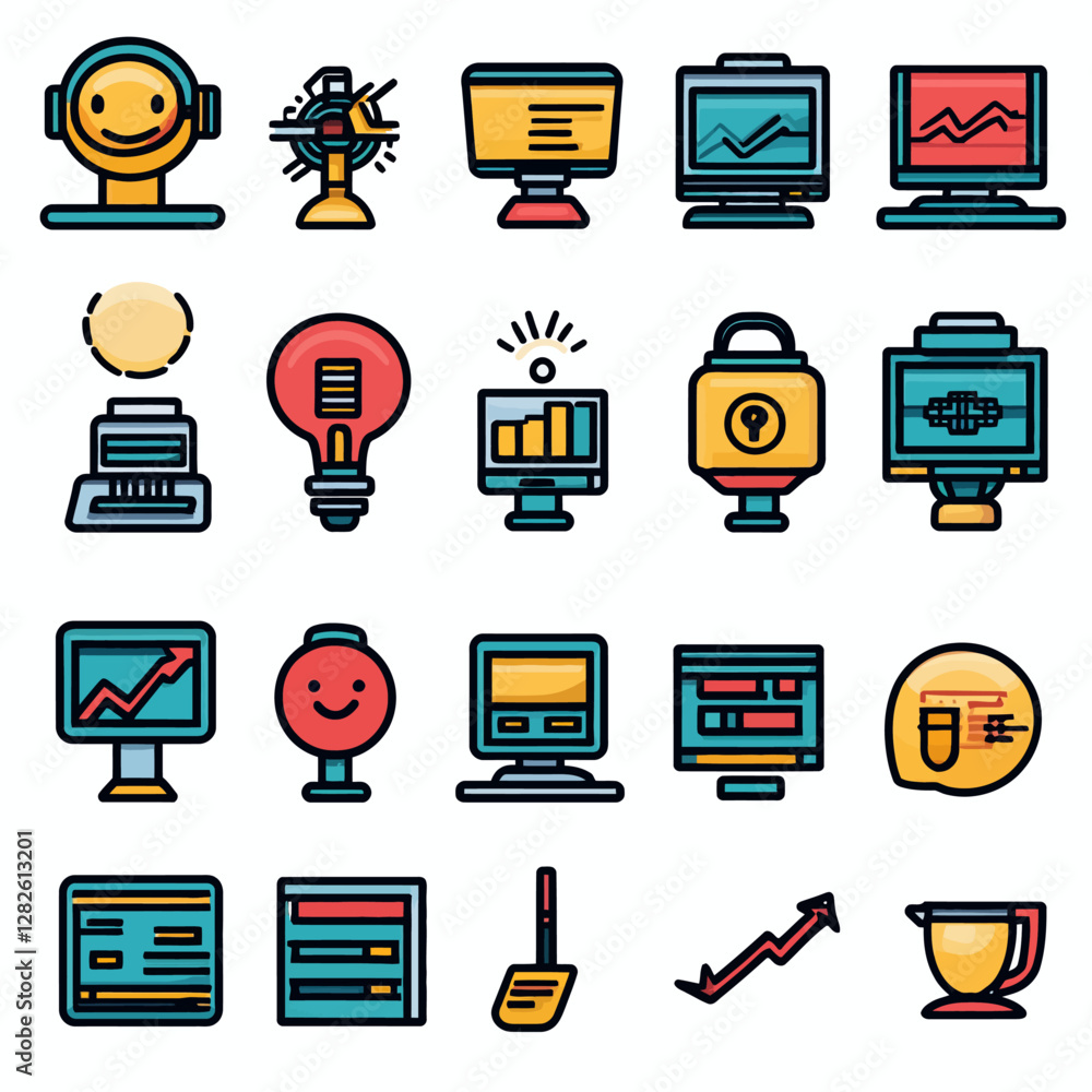 Poster business and technology icons showcase data analysis and development