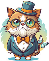 A grumpy-looking elderly tabby cat, wearing comically oversized round spectacles, sits with a disgruntled expression.
