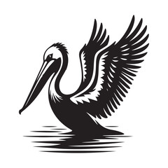 Pelican with its wings half open Silhouette Vector Illustration, Solid White Background.