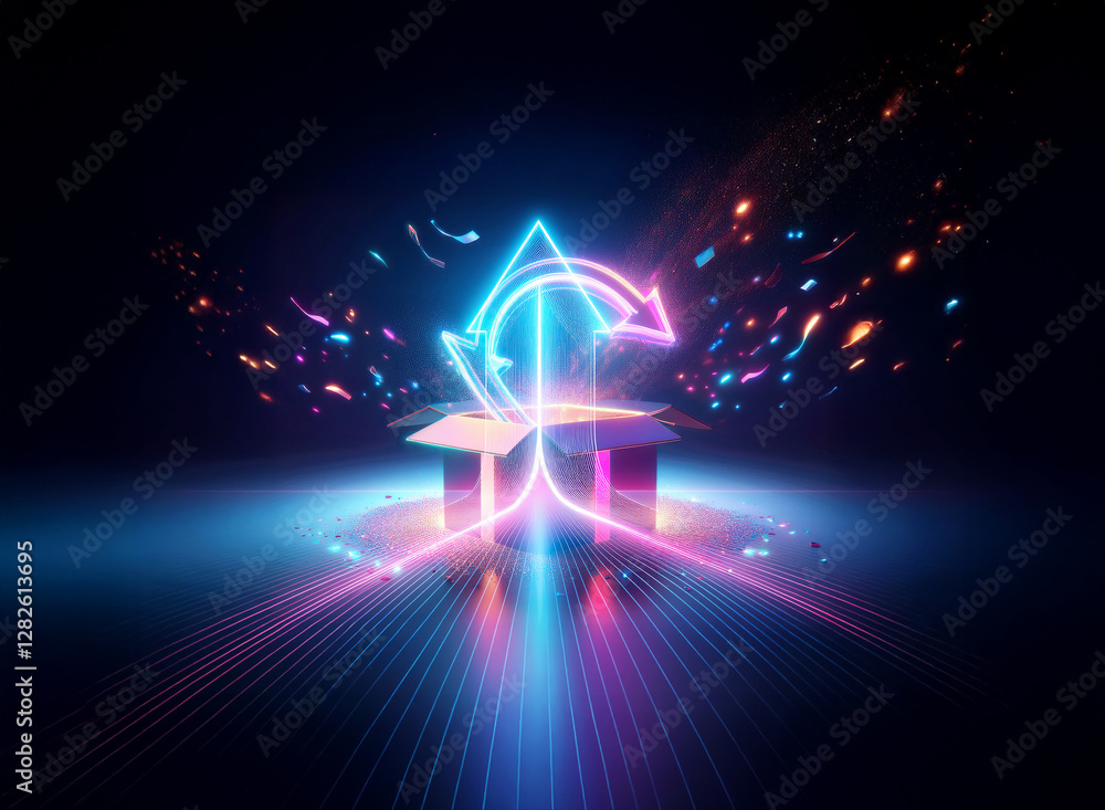 Poster abstract double exposure art with glowing arrows and light rays emanating from a box against a dark 