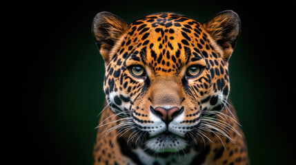 Obraz premium Majestic jaguar with striking coat and intense gaze, showcasing its powerful presence in wild. This captivating animal embodies strength and beauty