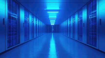 Futuristic data center with glowing blue LED lights, showcasing secure server racks in a high-tech environment. Ideal for technology, cybersecurity, and cloud computing visuals