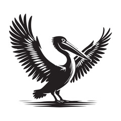 Pelican with its wings half open Silhouette Vector Illustration, Solid White Background.