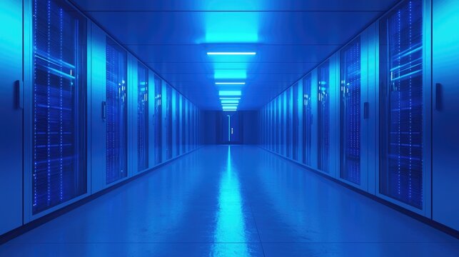 Futuristic data center with glowing blue LED lights, showcasing secure server racks in a high-tech environment. Ideal for technology, cybersecurity, and cloud computing visuals