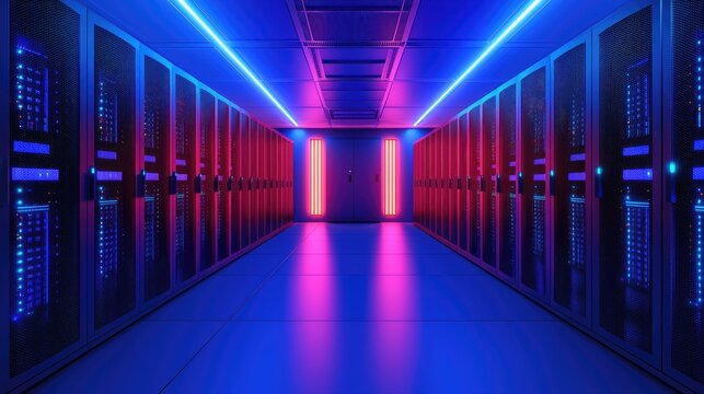 Futuristic data center with glowing blue and red LED lights, highlighting secure server racks in a high-tech environment. Ideal for technology, cybersecurity, and cloud computing visuals