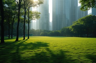 Obraz premium Morning Light in Urban Park with Skyscrapers