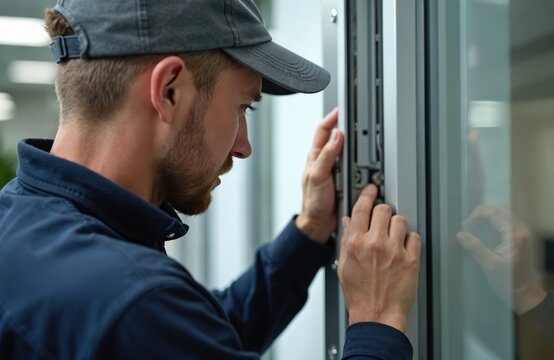 Focused repairman fixes broken window mechanism indoors, showing skill with metal hardware. Pro technician repairs window lock, ensures security, safety in commercial building, office. Handyman fixes