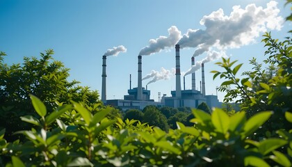 Obraz premium Industrial Power Plant Emitting Smoke with Green Foliage in Foreground Under Clear Blue Sky – Environmental Impact Concept