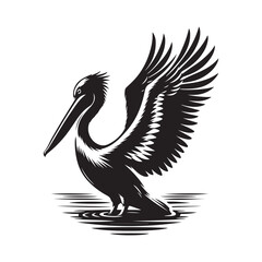 Pelican with its wings half open Silhouette Vector Illustration, Solid White Background.