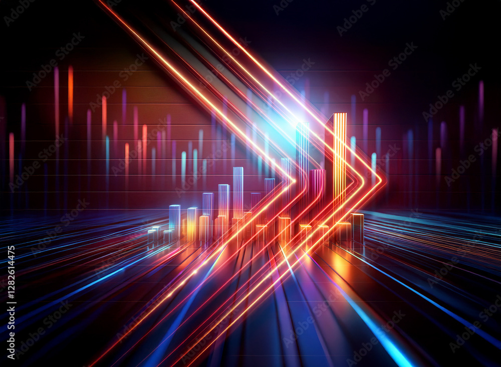 Poster futuristic double exposure of glowing bars and lines creates a vibrant data visualization. neon colo