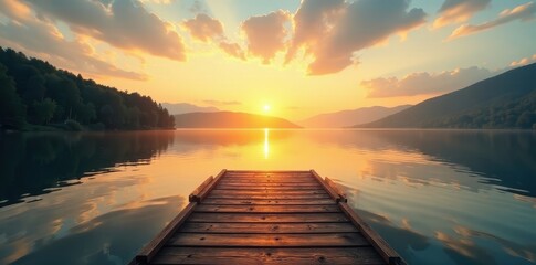 Golden hour light bathes wooden dock, glassy lake surface mirrors sky , sky, peaceful, outdoor