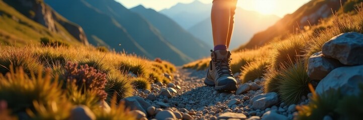 Hiker's boots on rugged mountain path, sunlit, outdoor, wilderness, mountain