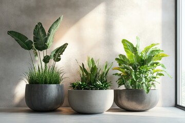 A 3D visualization of indoor greenery in handcrafted cement planters, creating a blend of modern and natural elements.