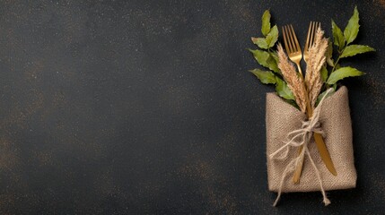 Festive Table Setting  Gold Cutlery  Burlap  Autumn Leaves