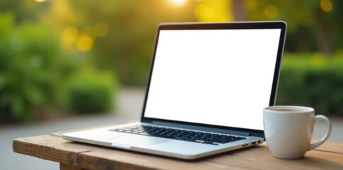 Laptop with blank screen, coffee cup, outdoor setting, outdoor, minimal