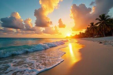 Golden sunrise paints Cancun beach sky, waves gently lap shore , photography, blue