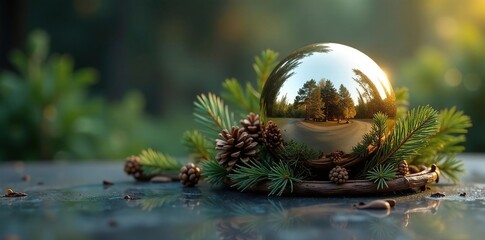 Mirror sphere decorated with twigs and pinecones, greenery, reflective surface, mirror