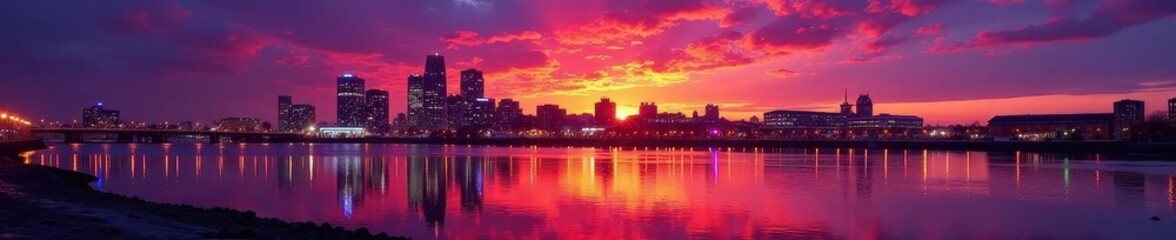 Liverpool skyline sunset, vibrant city lights reflected in water, river, twilight