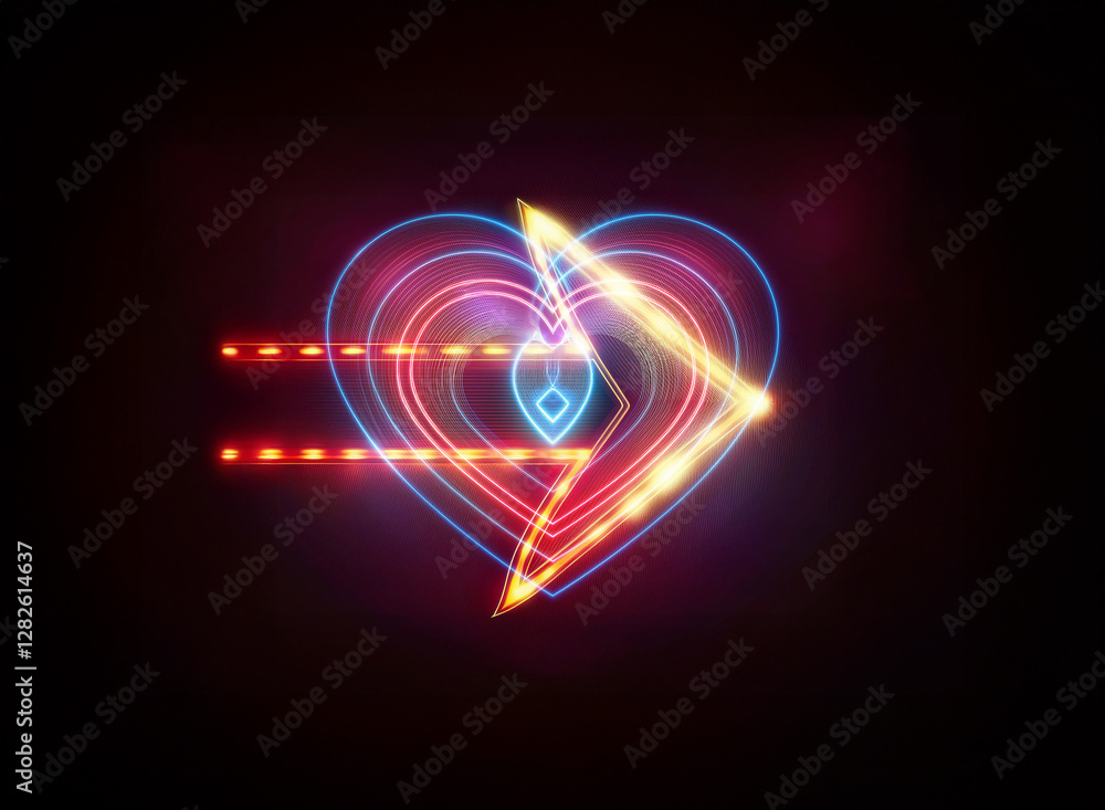 Poster a vibrant double exposure image features a neon heart outline with glowing lines and a sharp triangu