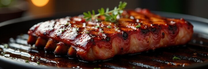 Perfectly grilled ribs, glistening surface, caramelized edges, culinary, recipe