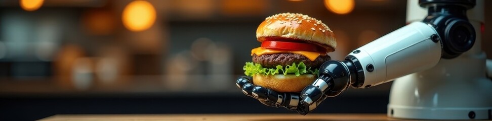 Polished robotic arm gently presents gourmet hamburger , precision, high-resolution