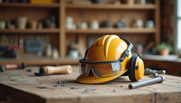 Yellow hard hat, safety goggles, earmuffs on workbench in carpentry workshop. Safety gear for protection at workplace, labor. Carpentry equipment, woodworking tools. Woodcraft, furniture