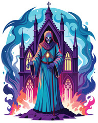 A spectral saint, veins glowing eerily, stands in a foggy, gothic-style graveyard at night.  Intense detail, cinematic lighting.