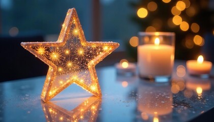 Sparkling star-shaped decoration on a frosted glass table with candles, sparkle, glass, elegant