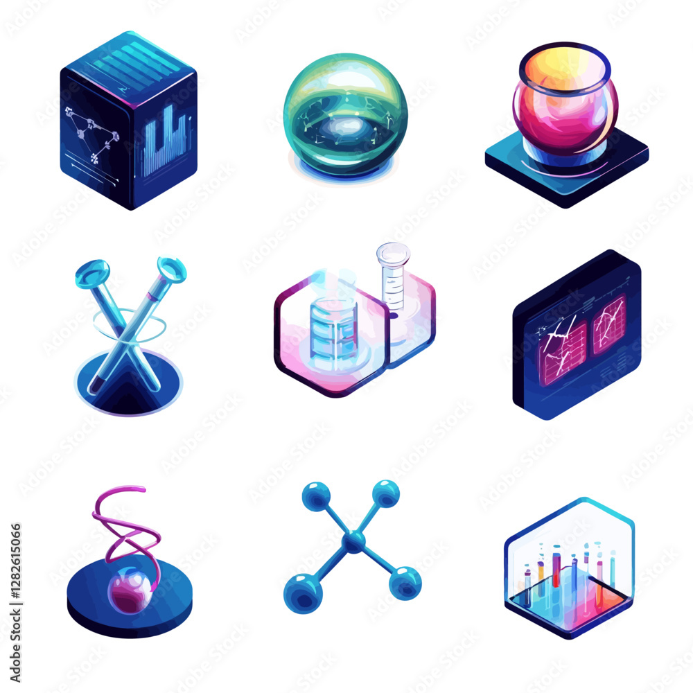 Aufkleber isometric science and technology icons for data analysis and innovation