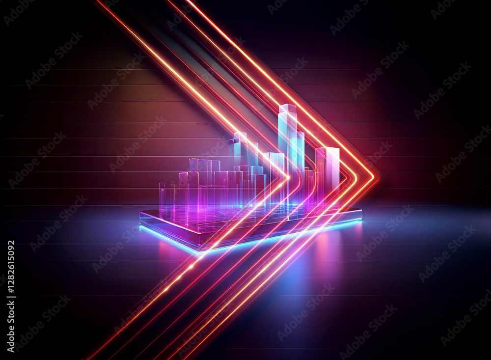 Poster abstract digital art featuring vibrant neon lines and blocks. double exposure effect on a dark backg