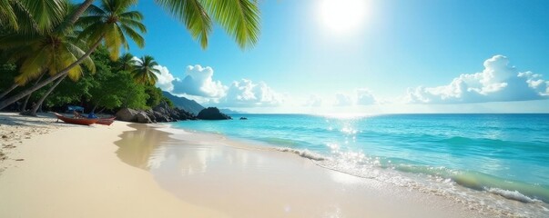 Sun-drenched beach; clear water reflects vibrant sky , calm, beach scene, relaxation