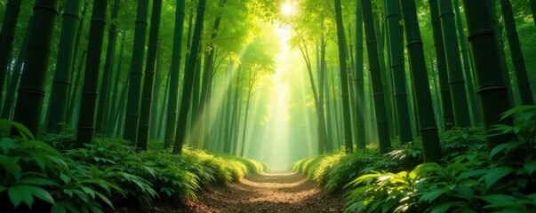 Sunlight dapples bamboo forest floor, shafts pierce canopy , sunlight, ray, calm