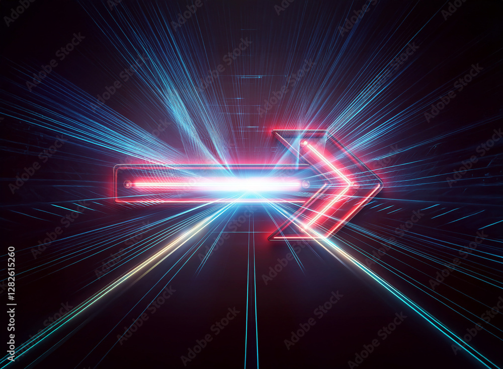 Poster double exposure effect showing a bright arrow pointing right, surrounded by streaks of light on a da