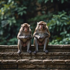 Fototapeta premium Monkeys sitting on stone banister generative Ai