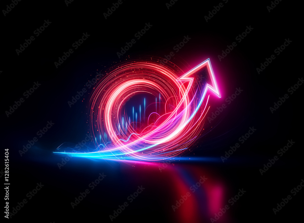Poster vibrant double exposure art featuring a neon arrow pointing upwards with a swirling circle on a dark