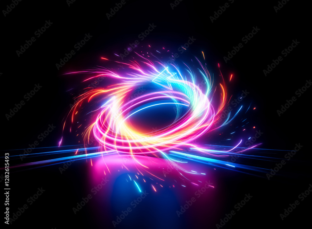 Poster vibrant light trails swirl in a circular form, creating a dynamic double exposure effect against the