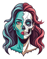 A portrait of a haunted woman with a face horrifyingly split in two, one side decaying, the other seemingly normal, showcasing a stark contrast.