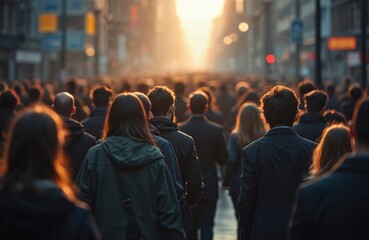 Large crowd of business commuters walks along city street in morning. Urban scene of busy sidewalk full of people commuting to work, going to office in financial district. Back view. Society
